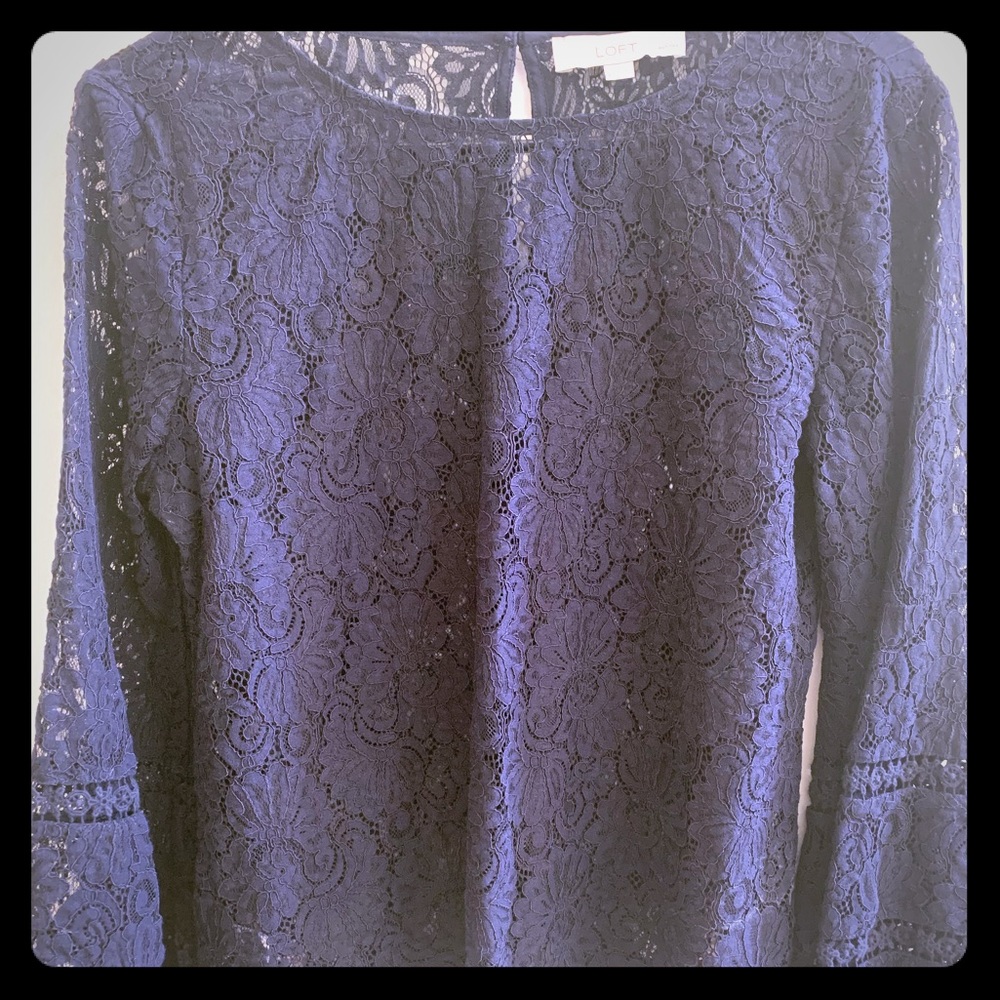 LOFT Long Bell Sleeve Lace Top in Navy